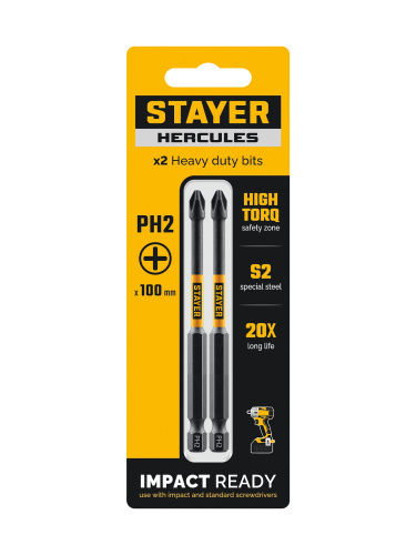 Биты торсионные PH2 Cr-Mo Е 1/4″ 100 мм (уп/2шт) STAYER HERCULES NEW 