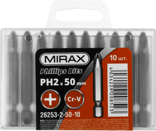 Биты PH2 Cr-V E 1/4″ 50мм уп/10шт MIRAX ВИА