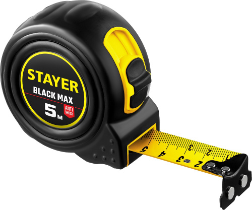 Рулетка в ударостойком, обрезиненном корпусе и двумя фиксаторами STAYER BlackMax 5м/25мм ВИА