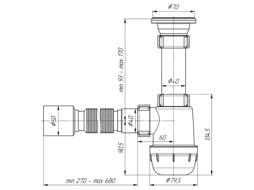 Сифон для кухонной мойки, 1 1/2"*40 с гибкой трубой 40*50мм АниПласт Грот A0110