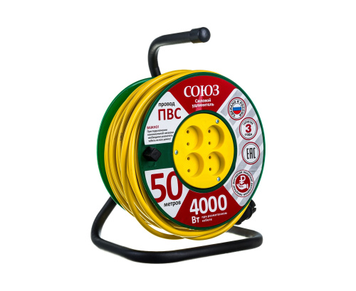 Удлинитель силовой на катушке с 4 гнезда 3500 Вт с заземлением 40м ТМ Союз ВИА