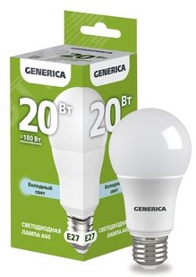 Лампа светодиодная A60 груша 20Вт 230В 6500К E27 GENERICA LL-A60-20-230-65-E27-G IEK ВИА