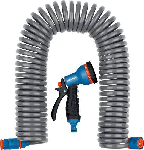 Шланг спиральный 3/8" 15м, пистолет-расп., адаптеры, поливоч. набор 1/2"и 3/4" GRINDA PROLine ВИА