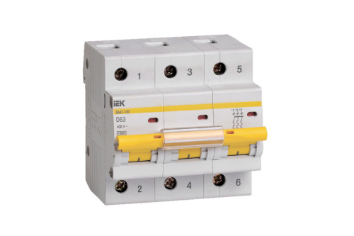 Выключатель автоматический трехполюсный 63А С ВА47-100 10кА IEK ВИА
