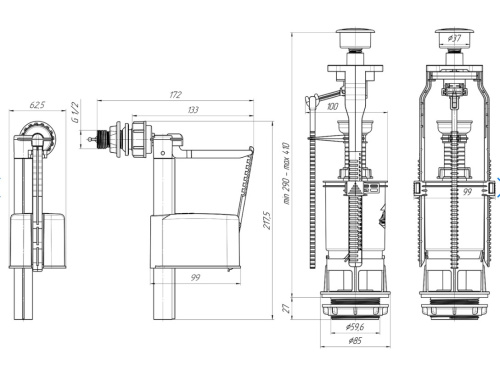 Арматура для бачка с боковой подводкой 1/2", с пластиковым штуцером кнопка метал. Ани Пласт WC6050M