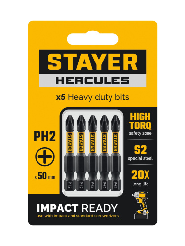 Биты торсионные PH2 Cr-Mo Е 1/4″ 50 мм (уп/5шт) STAYER HERCULES NEW 