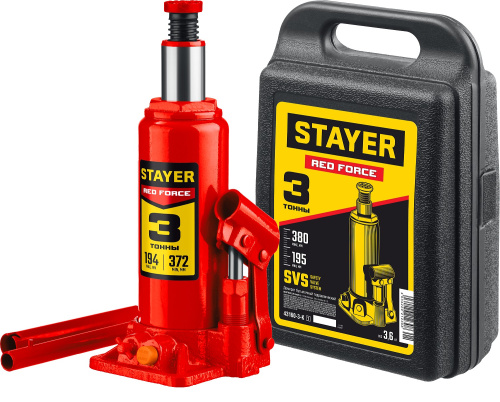 Домкрат бутылочный гидравлический в кейсе 3т 194-375мм STAYER RED FORCE ВИА