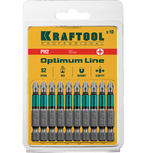 Биты PH2 Phillips Cr-Mo E 1/4″ 50мм 10шт/упак Optimum Line KRAFTOOL ВИА